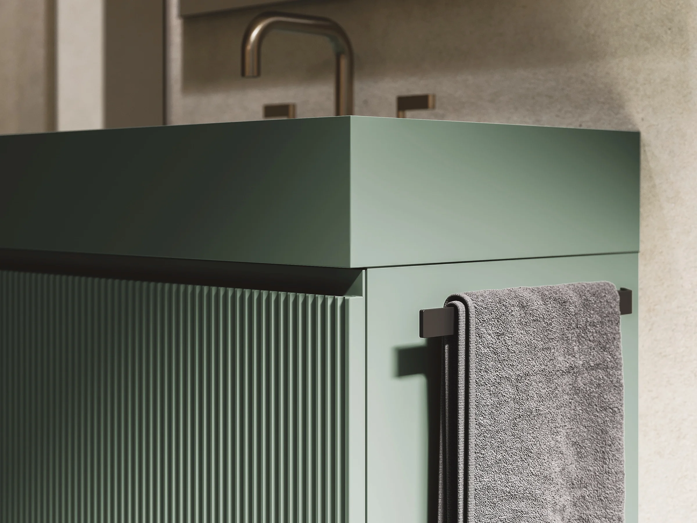 Bodenstehender Waschtisch VERTIGO EVO 06 durchgehend in Salbeigrün mit fugenlosem Mineraltek-Waschtisch