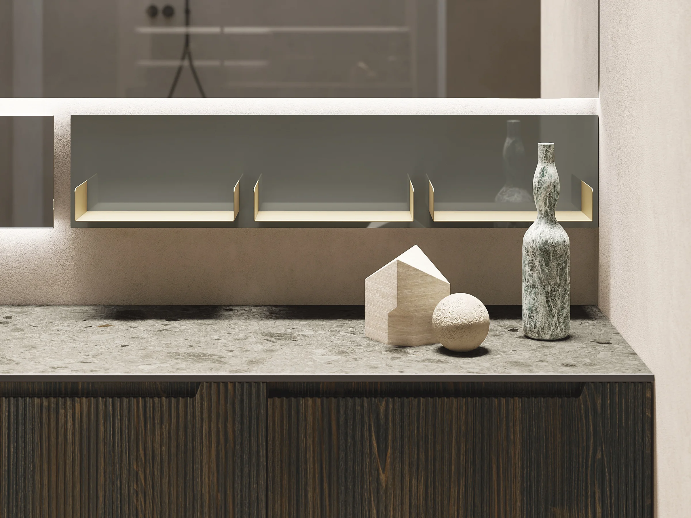 Waschtisch VERTIGO EVO 07 mit Terrazzoplatte und grauem Auflagebecken auf gewölbten dunklen Holzfronten