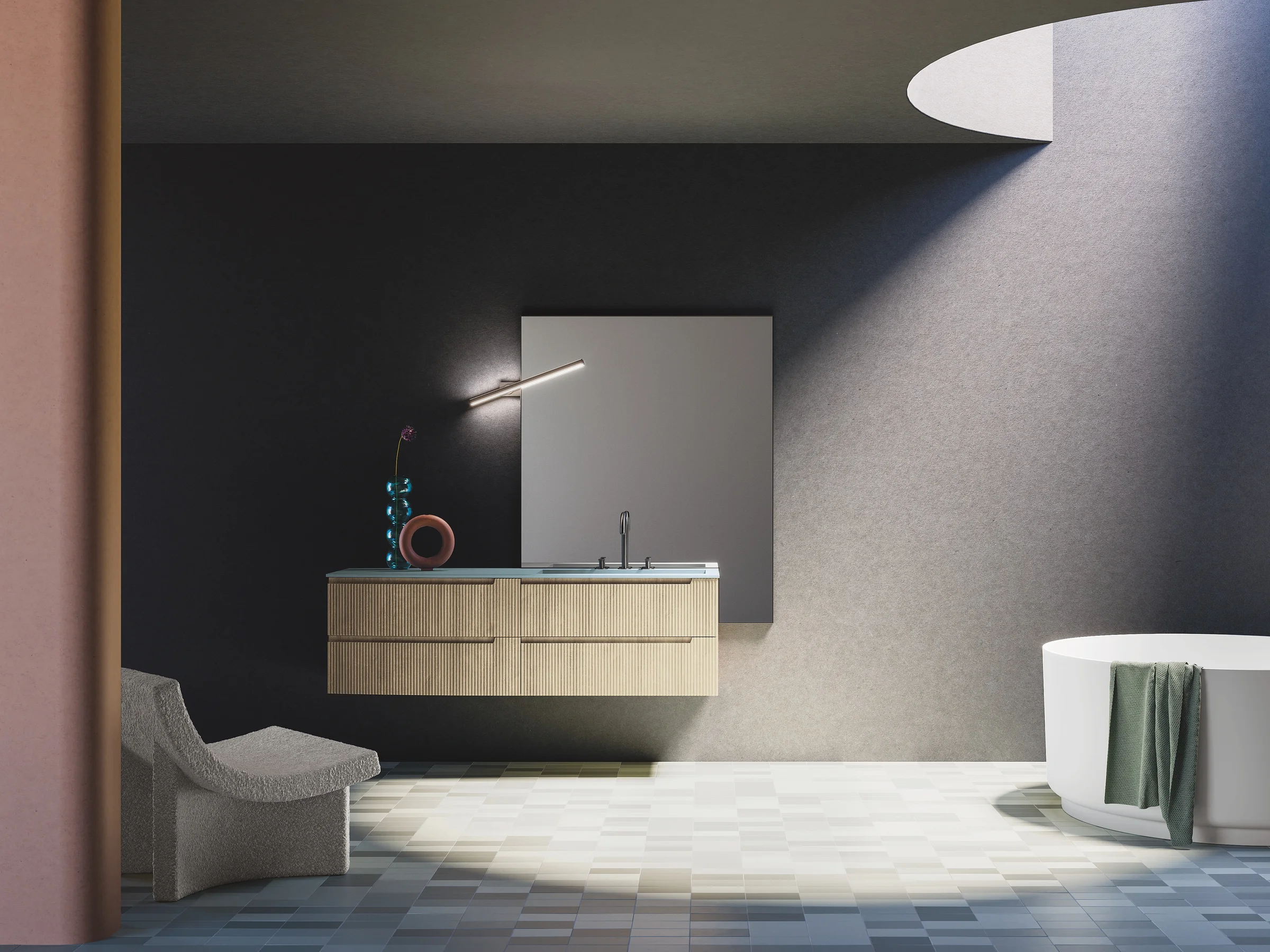 Waschtisch VERTIGO EVO 08 in gedämpftem Hellblau mit konvex gewölbten Fronten und offenem Holzregal