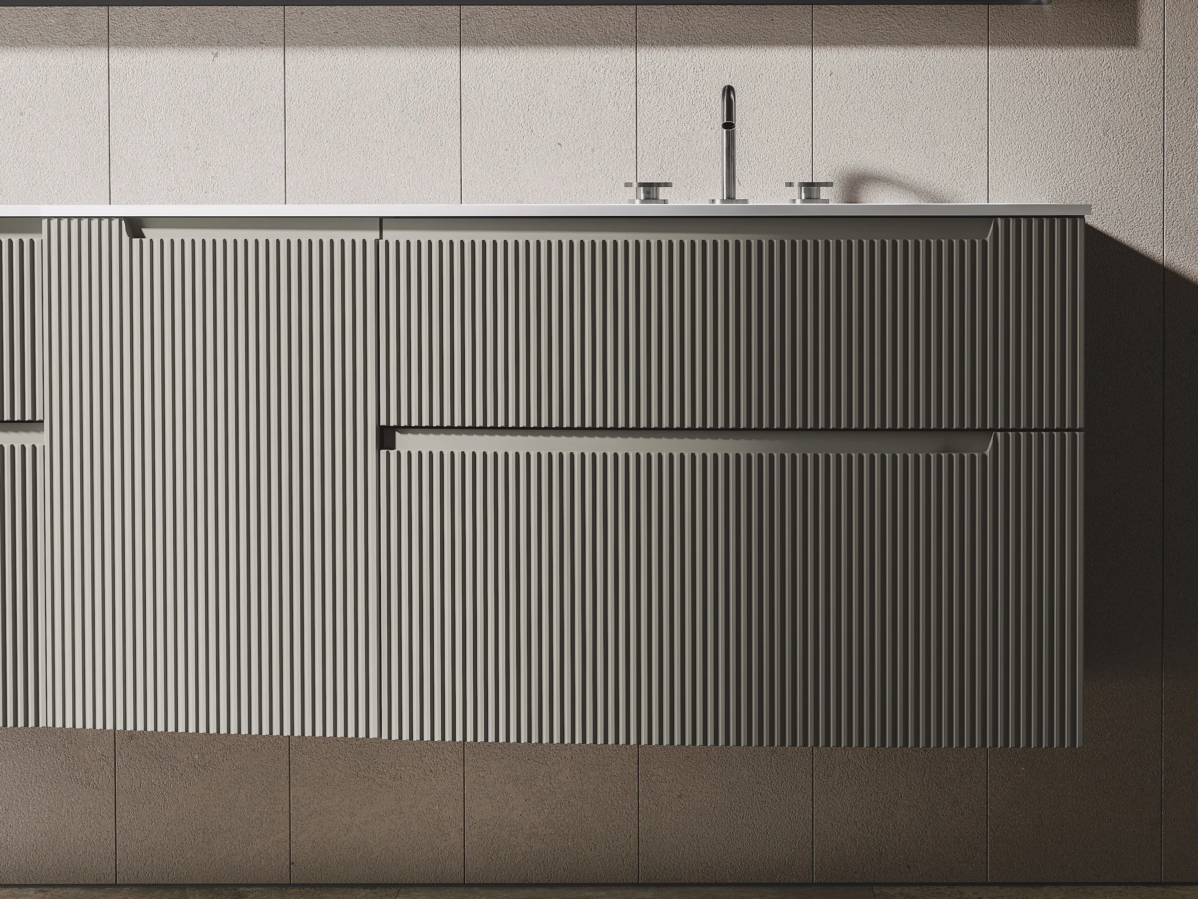 Bodenstehender Waschtisch VERTIGO EVO 13 mit weißer Platte und gewölbten Fronten in Quarzgrau