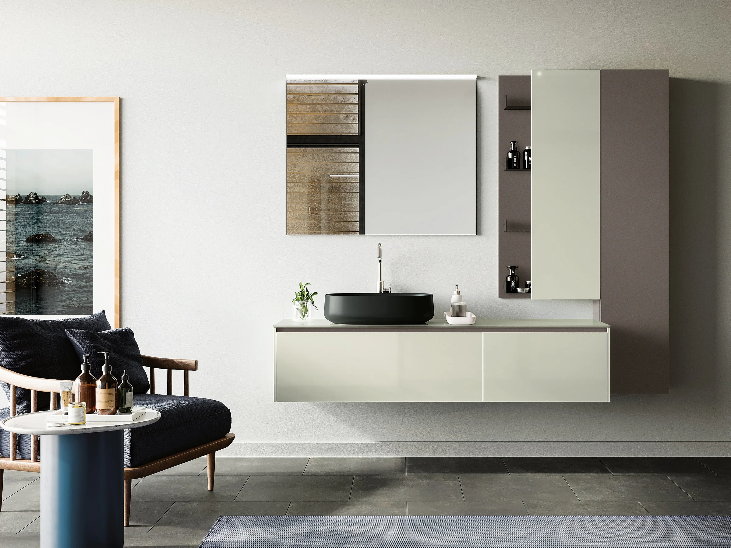 Waschtisch YOUNG 21-03/C mit hochglänzender Glasplatte in Grauweiß und schwarzem Auflagebecken