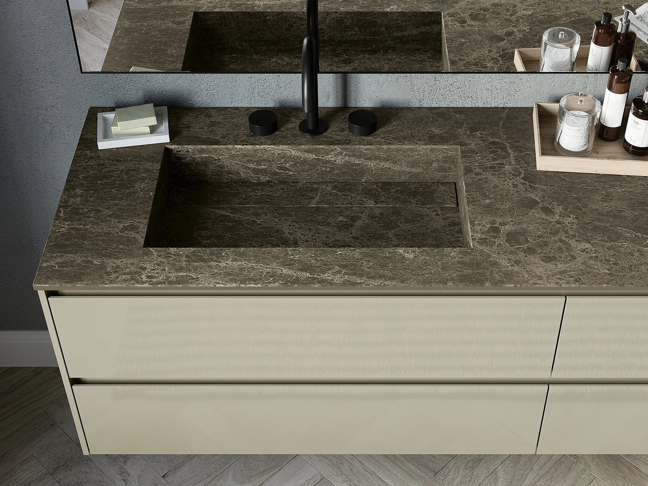 Waschtisch YOUNG 21-06 mit dunkler Gress-Marmorplatte und hochglänzenden Fronten in Seidengrau