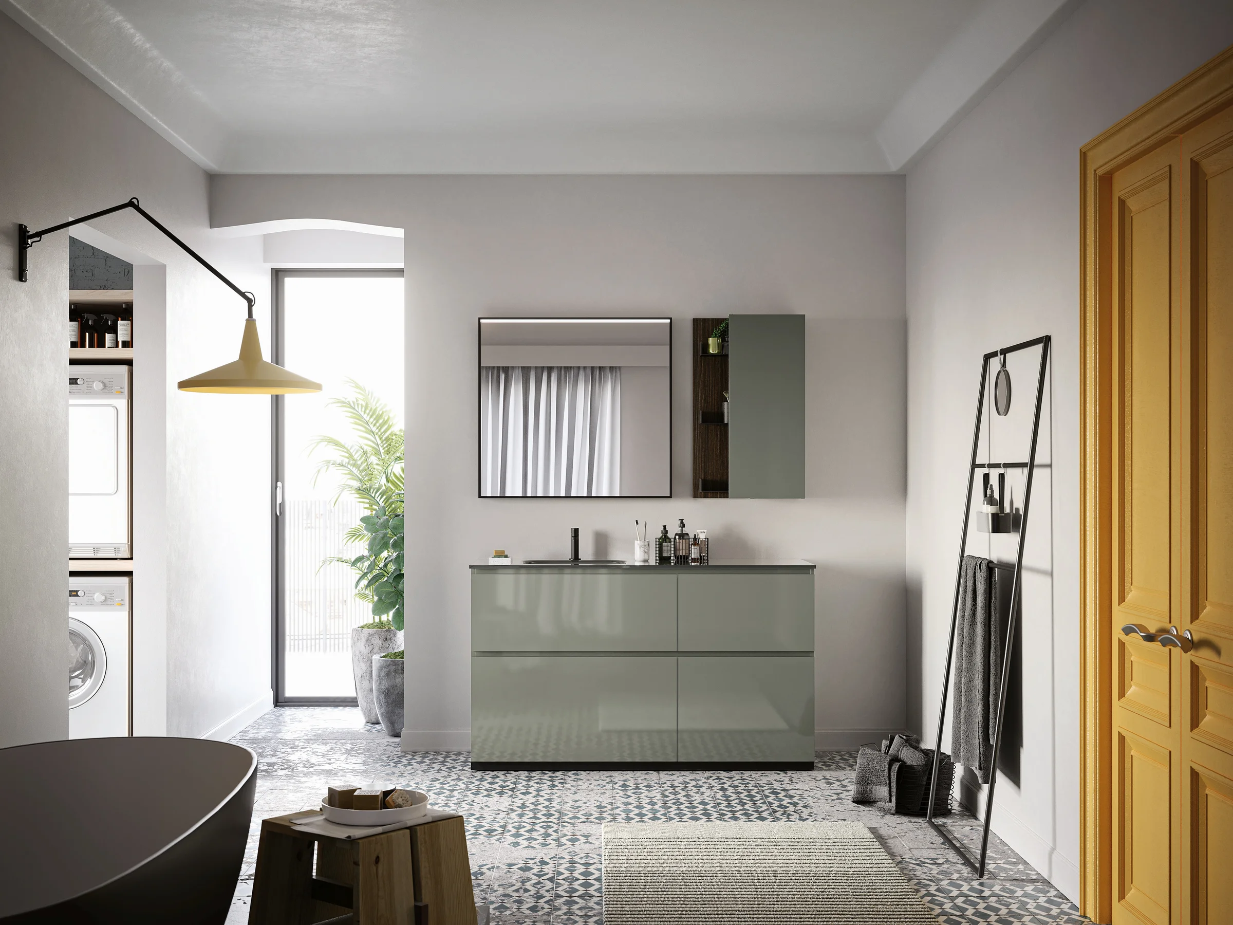 Bodenstehender Waschtisch YOUNG 21-12/B durchgehend in hochglänzendem Betongrau auf schlanken Beinen