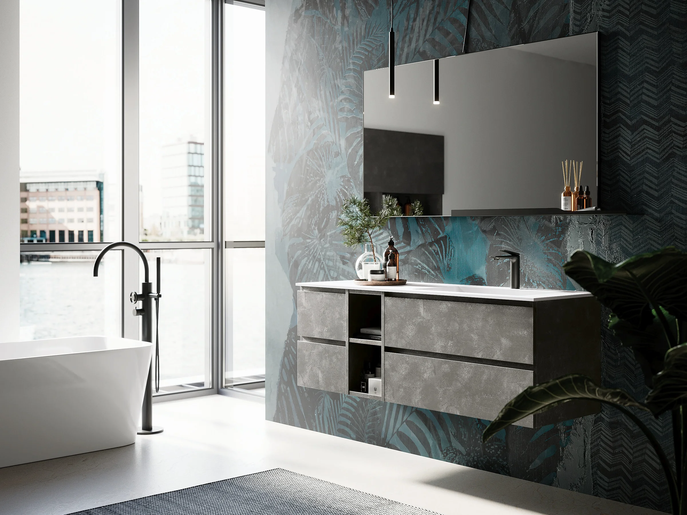 Waschtisch YOUNG 21-14/B mit weißer Ocritech-Platte und graubraunen Betonfronten mit schwarzen Metallakzenten