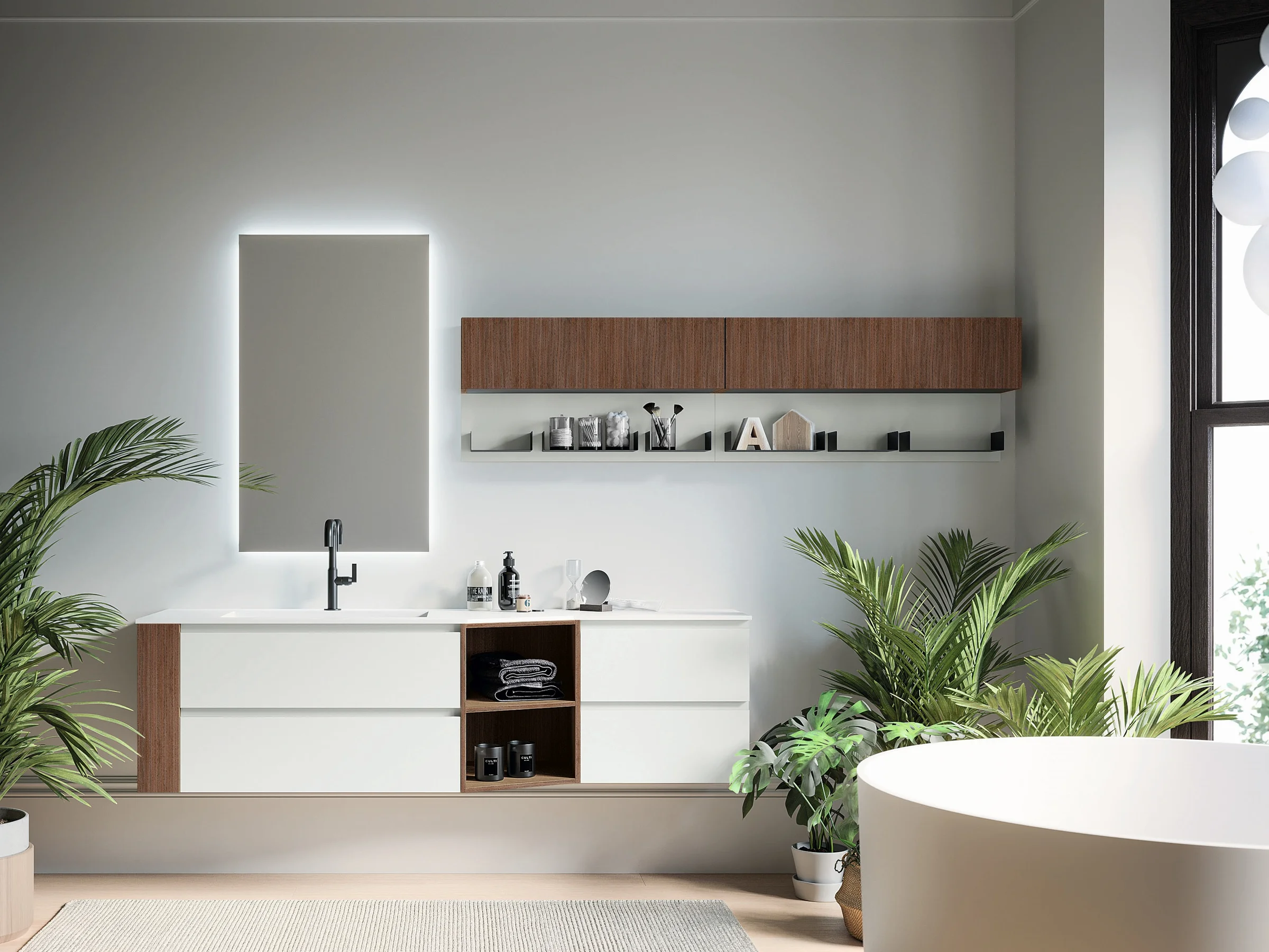 Waschtisch YOUNG 21-Y mit weißer Ocritech-Platte und zweifarbigen Holzfronten in Hell und Dunkel