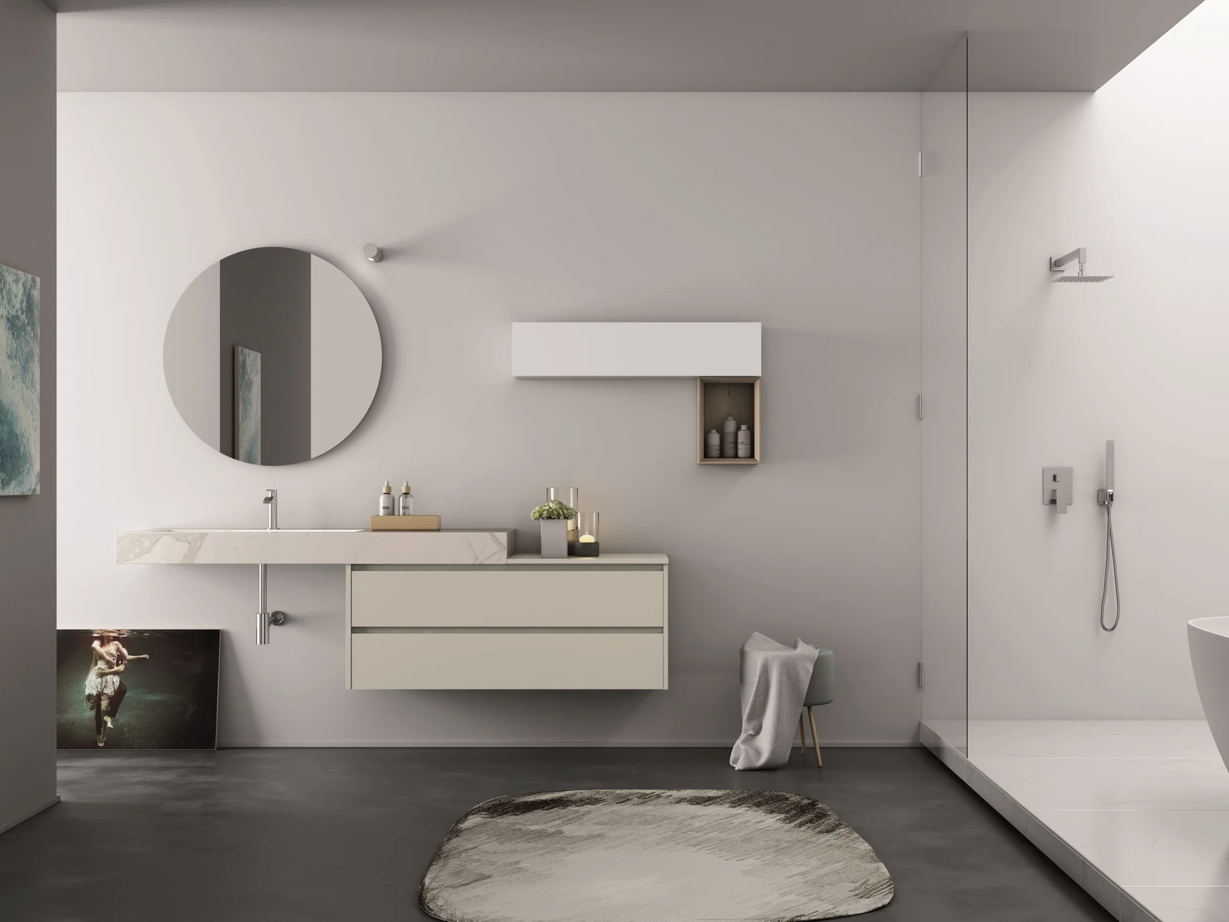 Waschtisch YOUNG F-509 mit heller Gress-Marmorplatte und geteilten Fronten in Achatgrau und Weiß