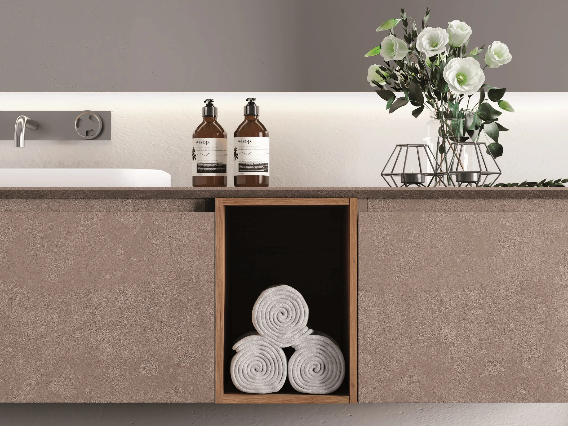 Waschtisch YOUNG NW 03/B mit Zementoptik-Platte und weißem Halbeinsatzbecken und hellen Holzfächern