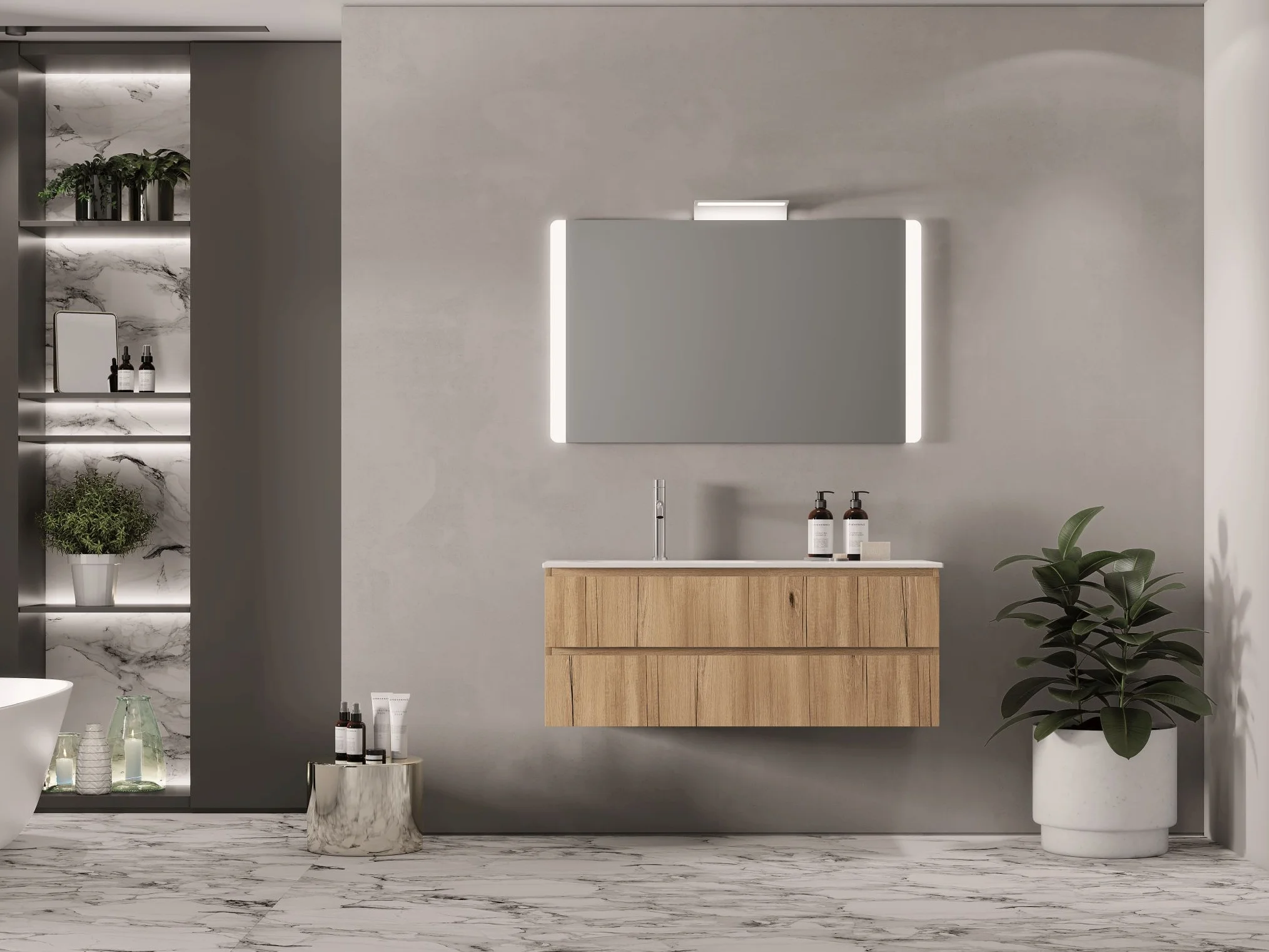 Waschtisch YOUNG NW2_09 mit weißer Platte und warmen Holzfronten in Sable Abbey mit ovalem Becken