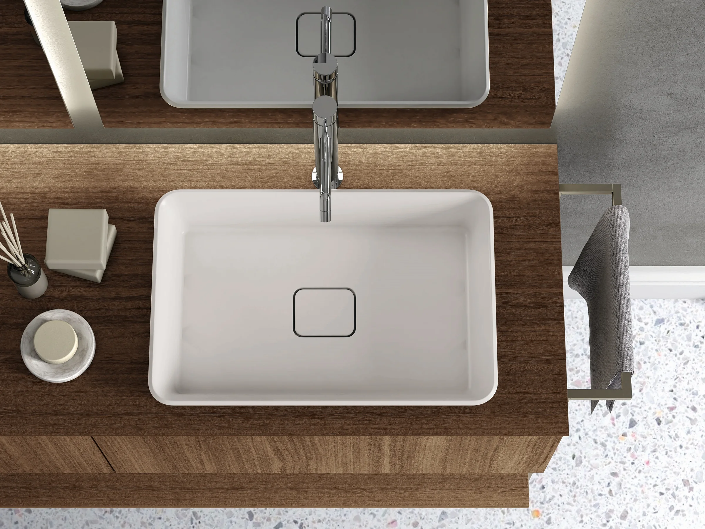 Doppelwaschtisch YOUNG NW2_06X mit warmer Nussbaumplatte und zwei weißen Halbeinsatzbecken