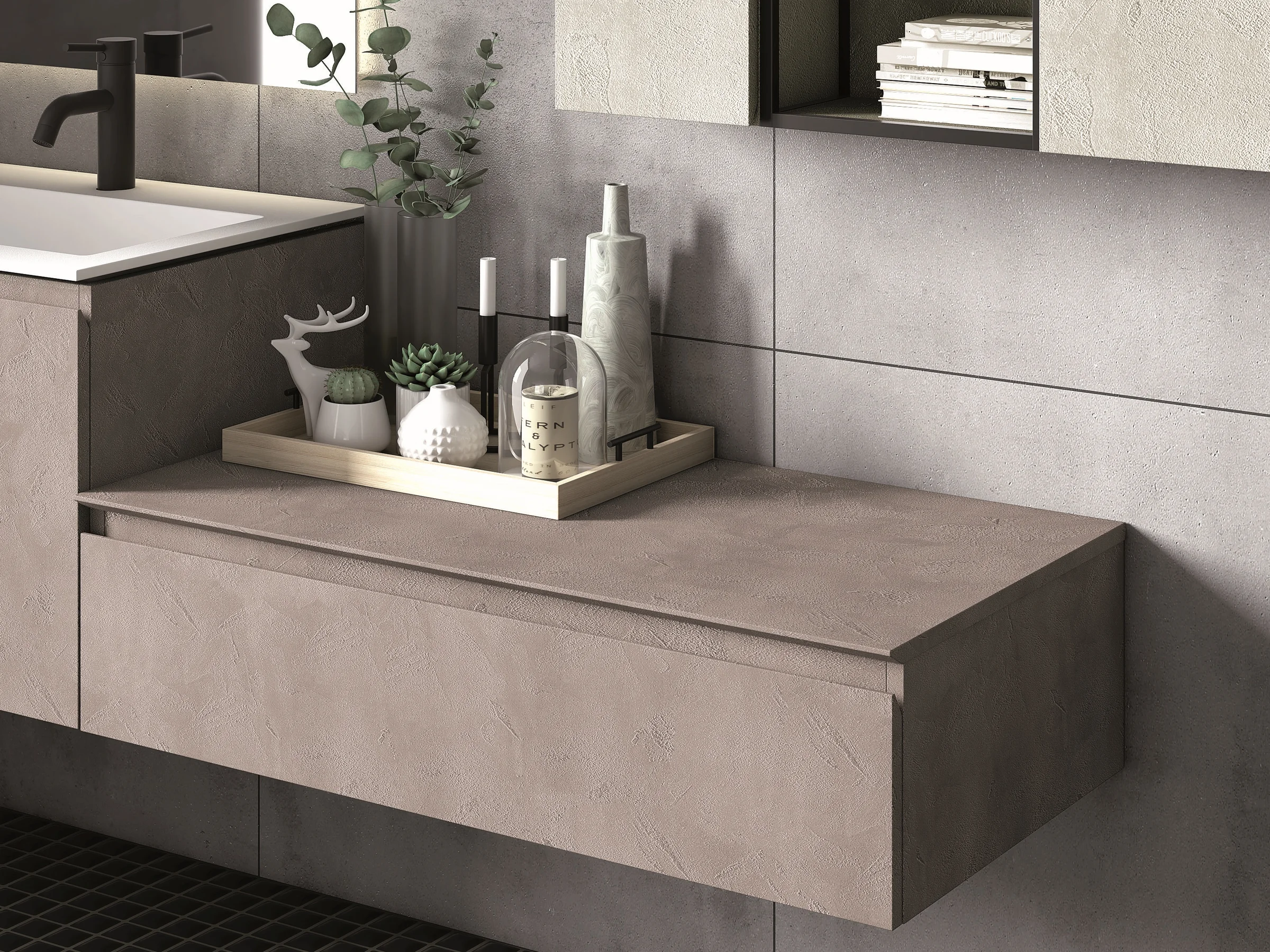 Waschtisch YOUNG NW2_10 mit weißer Concrete-Platte und modularen Fronten in hellem Steindekor