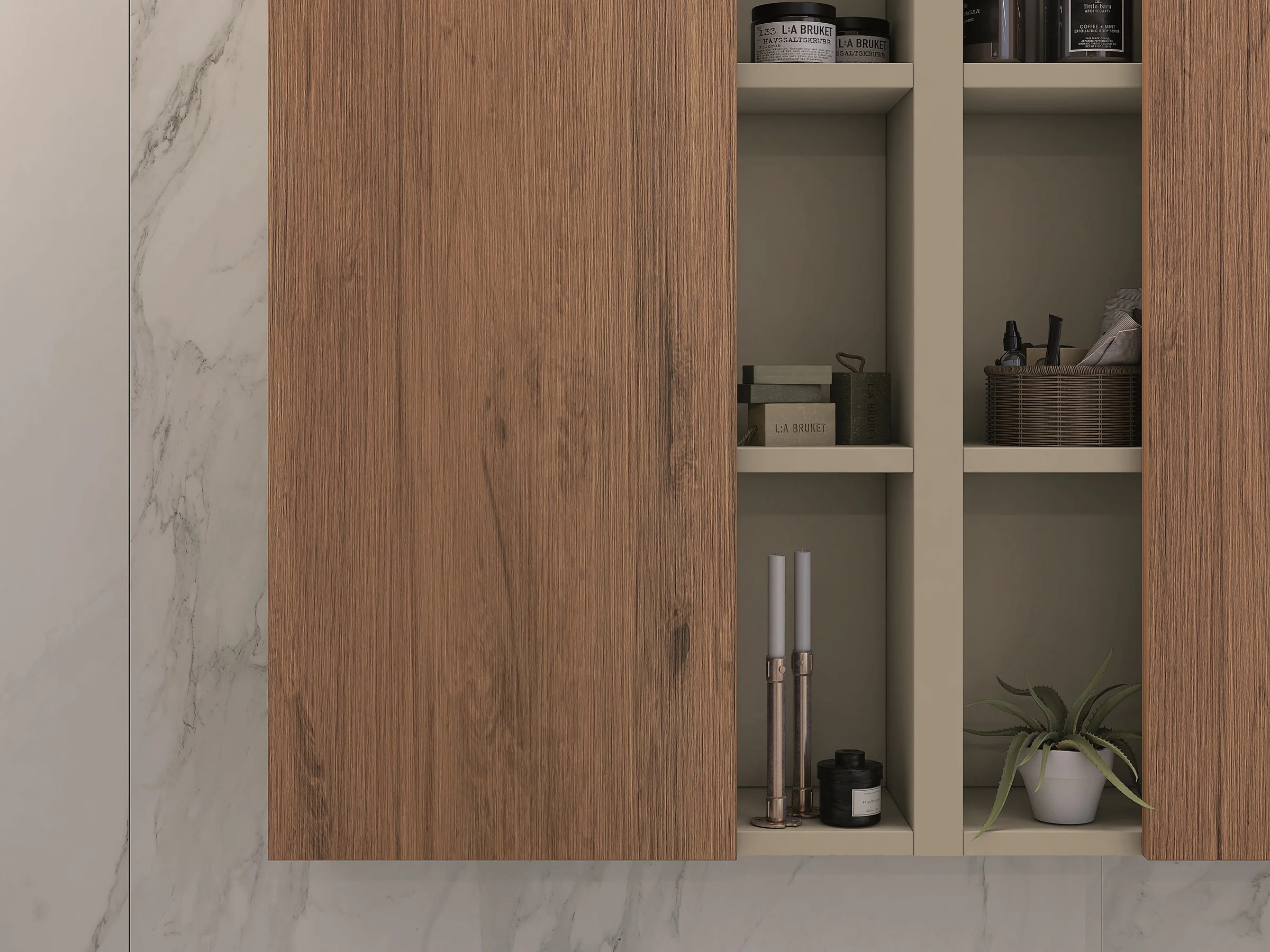 Waschtisch YOUNG NW2_12 mit rustikaler Eichenholzplatte und weißem Auflagebecken neben grauem Begleitschrank