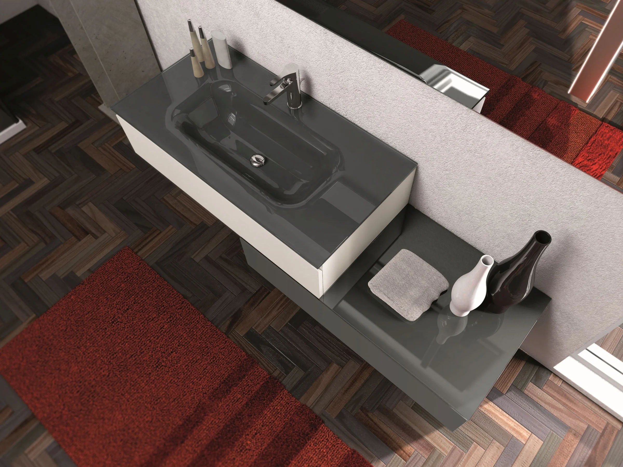 Waschtisch YOUNG T-04 durchgehend in hochglänzendem Basaltgrau mit weißem Hochschrank