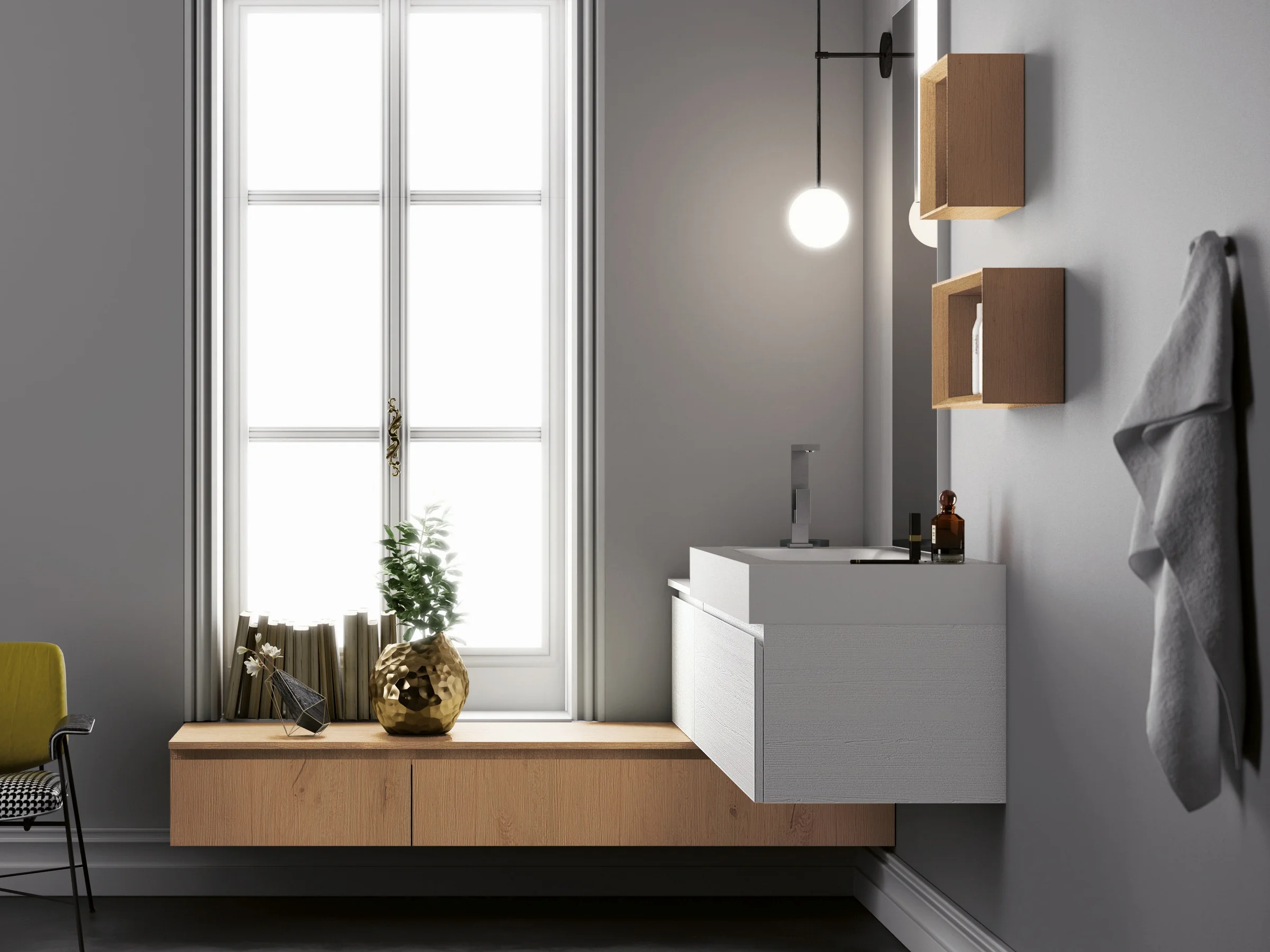 Waschtisch YOUNG T-503/B mit weißer Corian-Platte und hellen Holzfronten auf extrem flachem Unterschrank