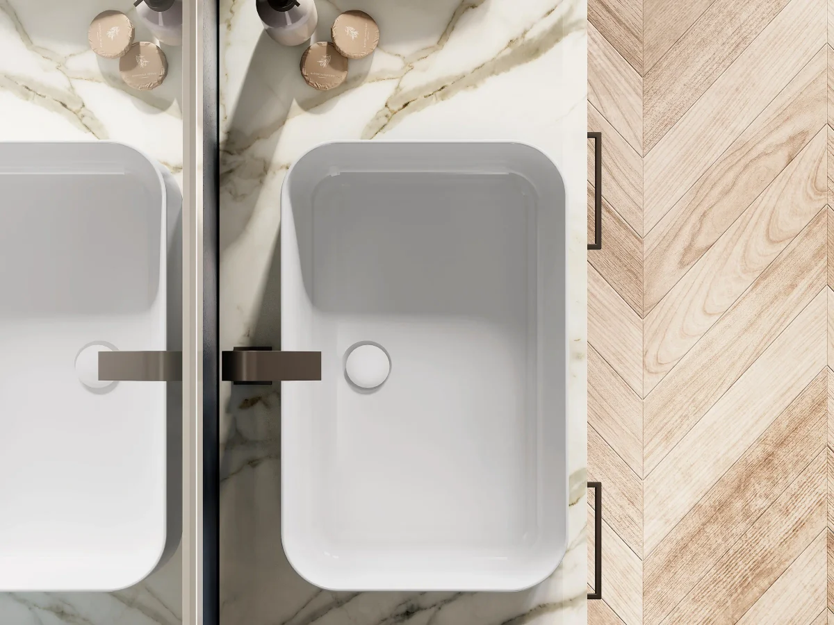 Waschtisch mit Auflagebecken, Serie ACCADEMIA, 150 x 52 cm. Individuell geplanter Waschplatz nach Maß.