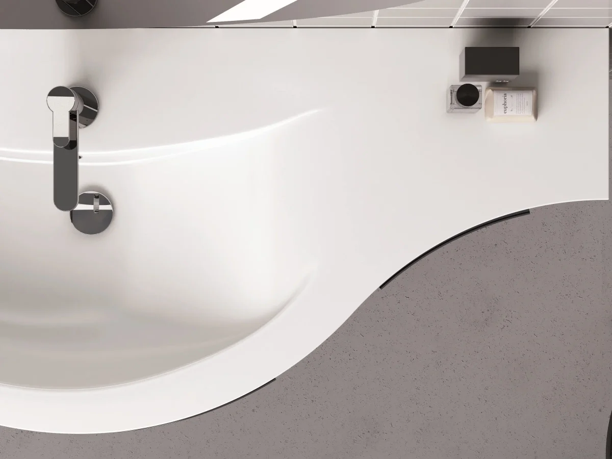 Fugenloser Waschtisch mit Unterschrank, Serie OLA, 104 x 52 cm. Individuell geplanter Waschplatz nach Maß.