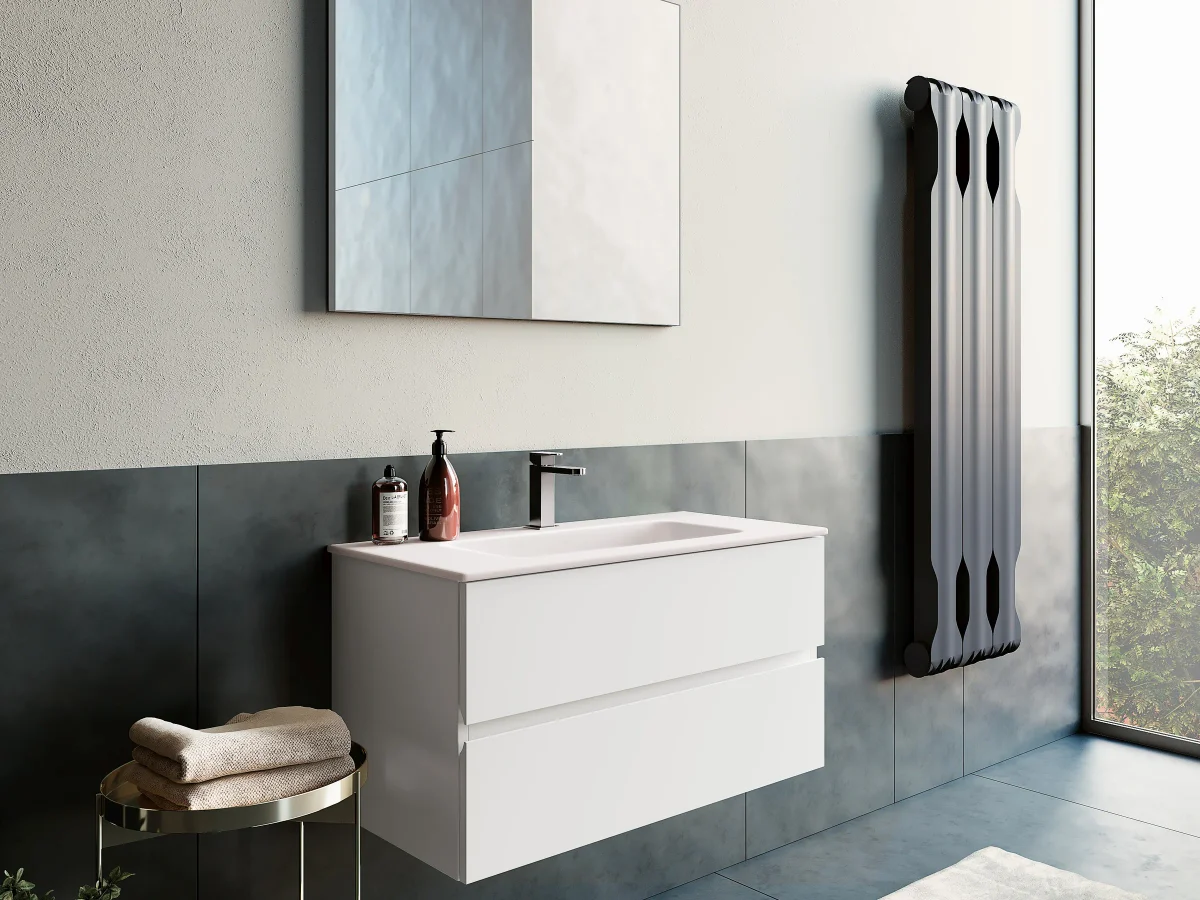 Fugenloser Waschtisch mit Unterschrank, Serie UP&DOWN, 81 x 45 cm. Individuell geplanter Waschplatz nach Maß.