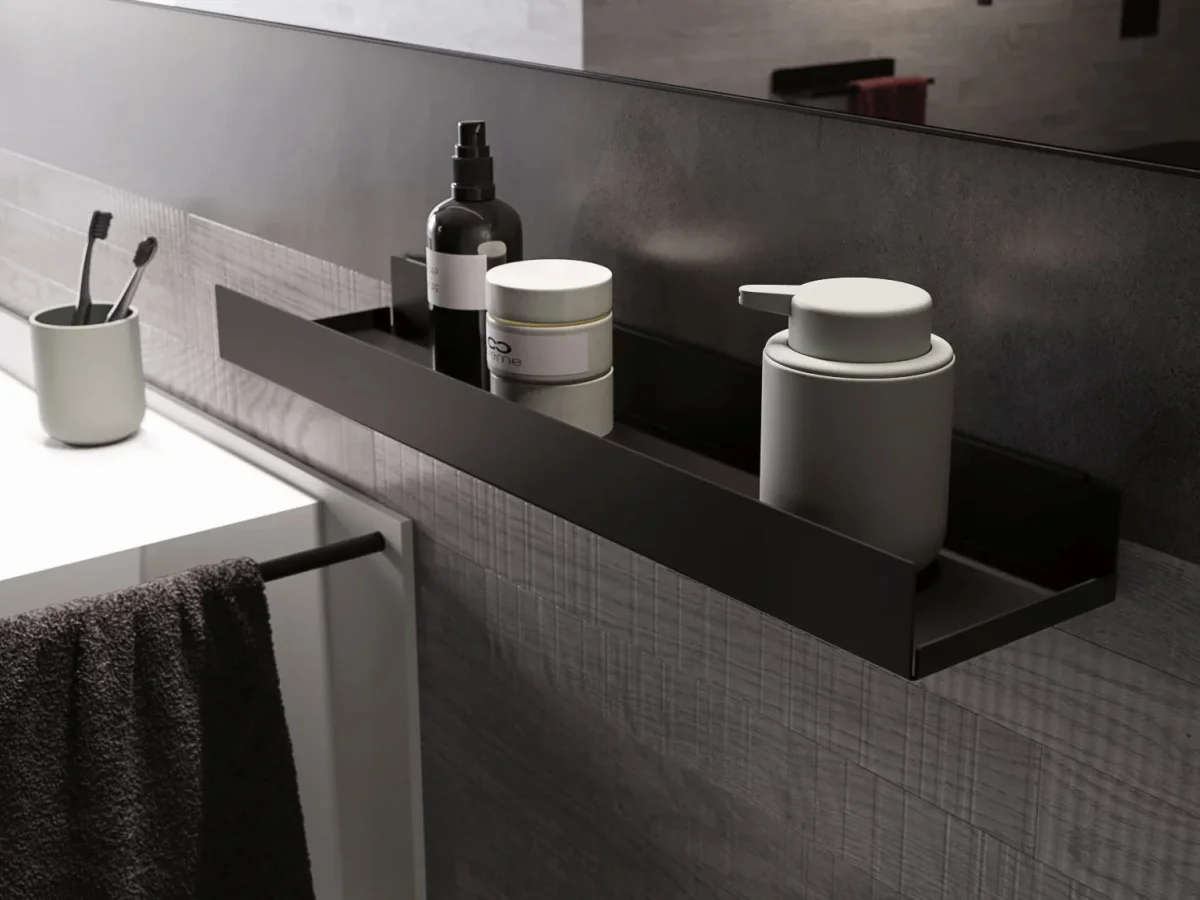 Fugenloser Waschtisch mit Unterschrank, Serie VERTIGO, 182 x 52 cm. Individuell geplanter Waschplatz nach Maß.