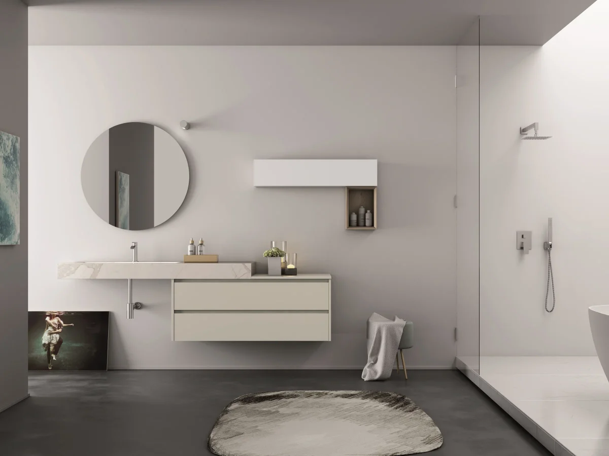 Freihängender Waschplatz YOUNG F-509 aus Gress mit 219 cm Breite und Spiegel SPHERA