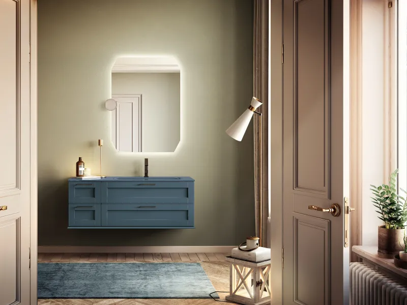 Waschtisch ACCADEMIA 33 mit Kassettenfronten und fugenlosem Glaswaschtisch in gedecktem Blaugrau