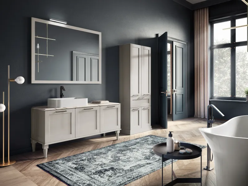 Waschtisch ACCADEMIA 34 mit bodenstehenden Rahmenfronten in Lichtgrau und Marmorplatte mit weißem Auflagebecken