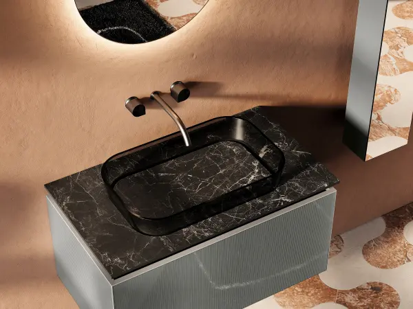 Einzelwaschtisch ALTO 04 mit schwarzer Gress-Marmorplatte und hochglänzendem Unterschrank in dunklem Grau
