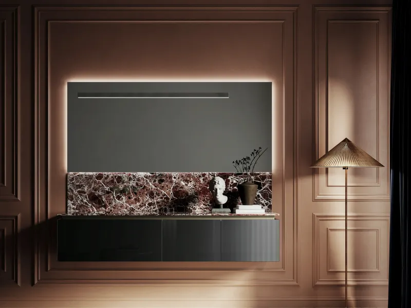 Waschtisch ALTO 07 mit burgunderroter Gress-Marmorplatte und gerillten Fronten in Anthrazitgrau mit Golddetails