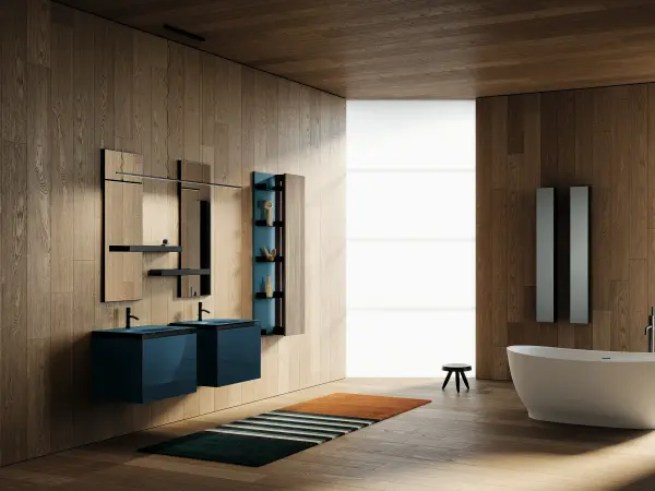 Doppelwaschtisch ALTO 09 mit zwei getrennten Modulen in tiefem Blaugrün und mattem Glaswaschtisch