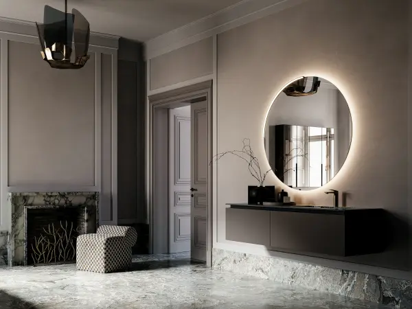 Waschtisch ALTO 10 mit graugrüner Gress-Marmorplatte und flachem Unterschrank in gedämpftem Graubraun