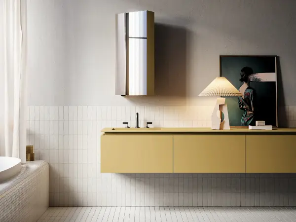 Waschtisch ALTO 14 mit durchgehend senfgelbem Mineraltek-Waschtisch und gleichfarbigem Unterschrank