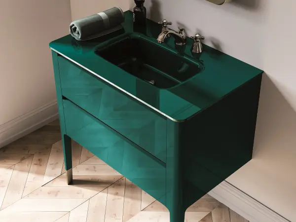 Bodenstehender Waschtisch ART 05 in Smaragdgrün mit facettierten Schubladenfronten und goldfarbenen Griffleisten