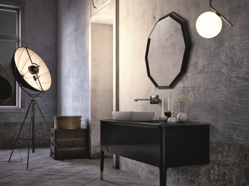 Bodenstehender Waschtisch ART 08 in Graphitschwarz mit dunkler Marmorplatte und weißem Auflagebecken