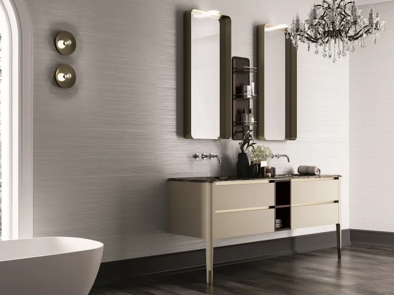 Bodenstehender Doppelwaschtisch ART 10 in Champagnerton mit brauner Marmorplatte und offenem Mittelfach