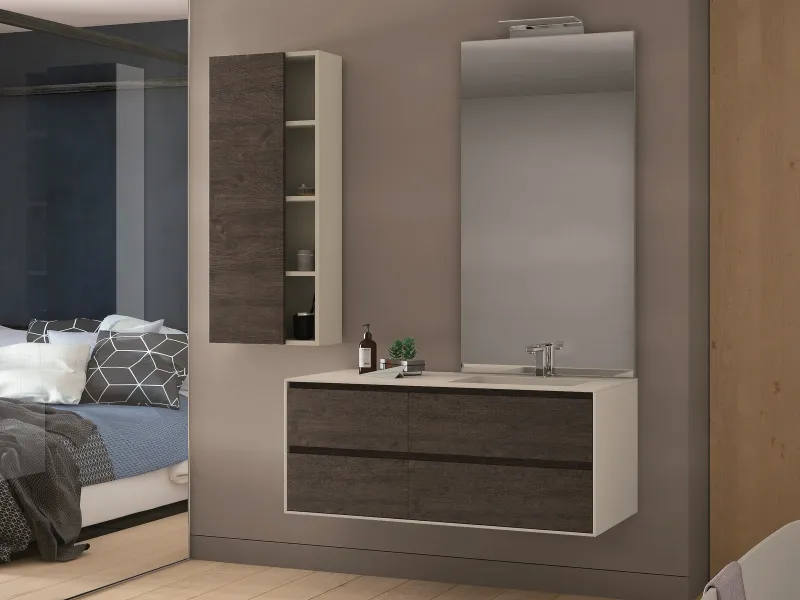 Waschtisch EDGE-LeCornici 07 mit heller Platte und dunklen Holzfronten in hellem Lackrahmen