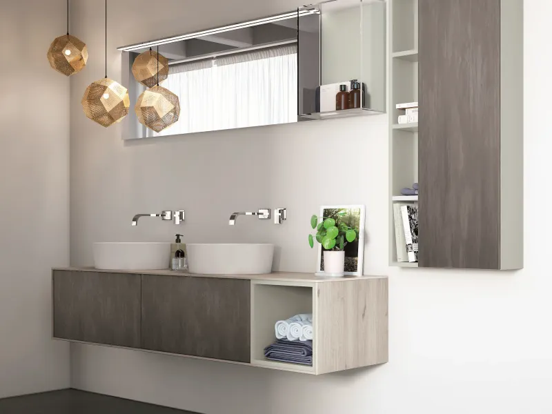 Waschtisch EDGE-LeCornici 08 mit heller Holzplatte und graubraunen Betonfronten mit offenem Ablagefach
