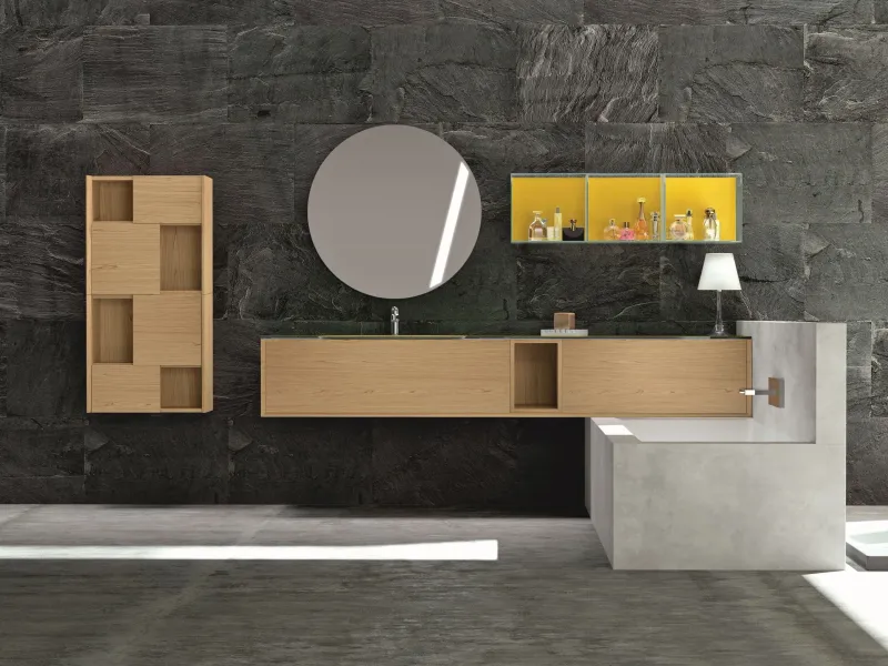 Waschtisch EDGE-MODULA 102 mit leuchtend gelber Glasplatte und Fronten in hellem Eichenholz mit offenen Nischen