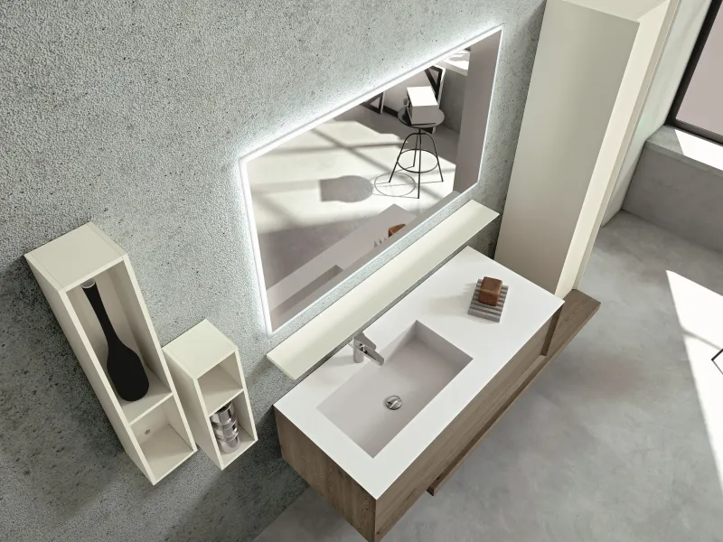 Waschtisch EDGE-MODULA 107 mit weißer SolidTek-Platte und hellem Eichenholz-Unterschrank mit offenem Fach