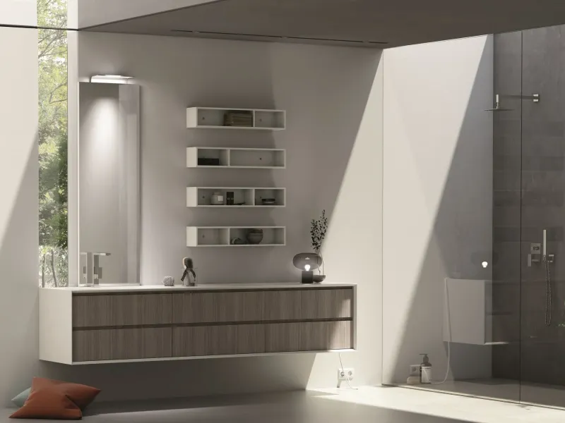 Waschtischanlage EDGE-MODULA H-121 in Weiß mit breiter SolidTek-Platte und offenem Regalfach darunter