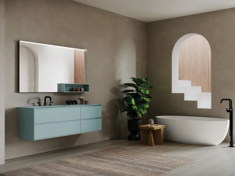 Waschtisch EDGE-LeCornici 11/B in gedämpftem Graublau-Grün mit fugenlosem Glaswaschtisch und matten Fronten