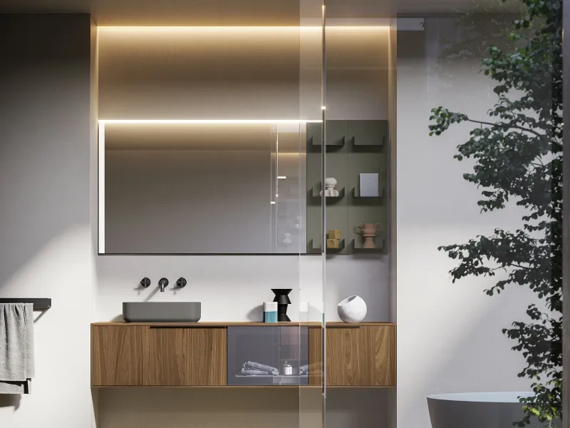 Waschtisch EDGE-LeCornici 14 in warmem Nussbaumholz mit grauem Auflagebecken und schwarzen Metallakzenten