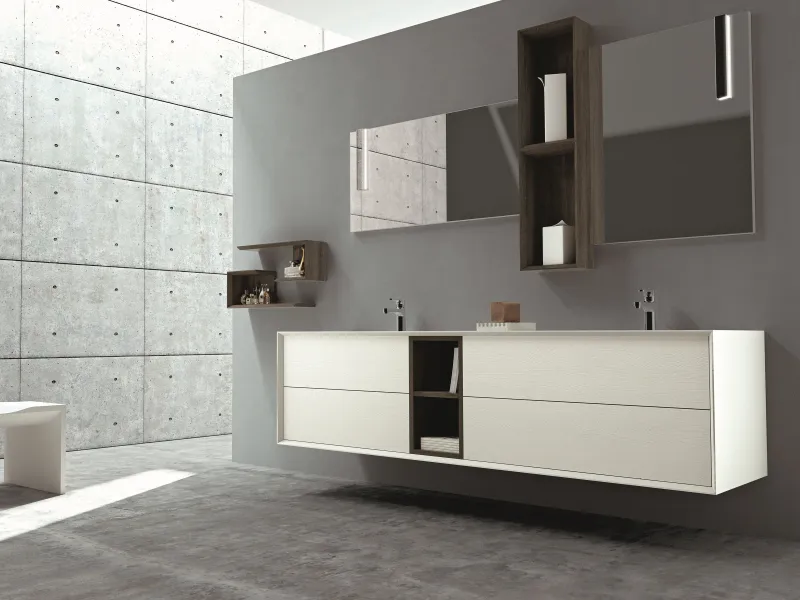 Doppelwaschtisch EDGE-MODULA 112 mit weißer SolidTek-Platte und cremefarbenen Fronten in hellem Holzdekor