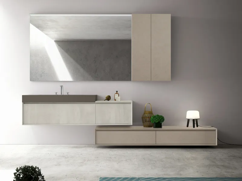 Modularer Waschtisch EDGE-MODULA X-122B mit versetzt montierten Elementen in Grau- und Beigetönen