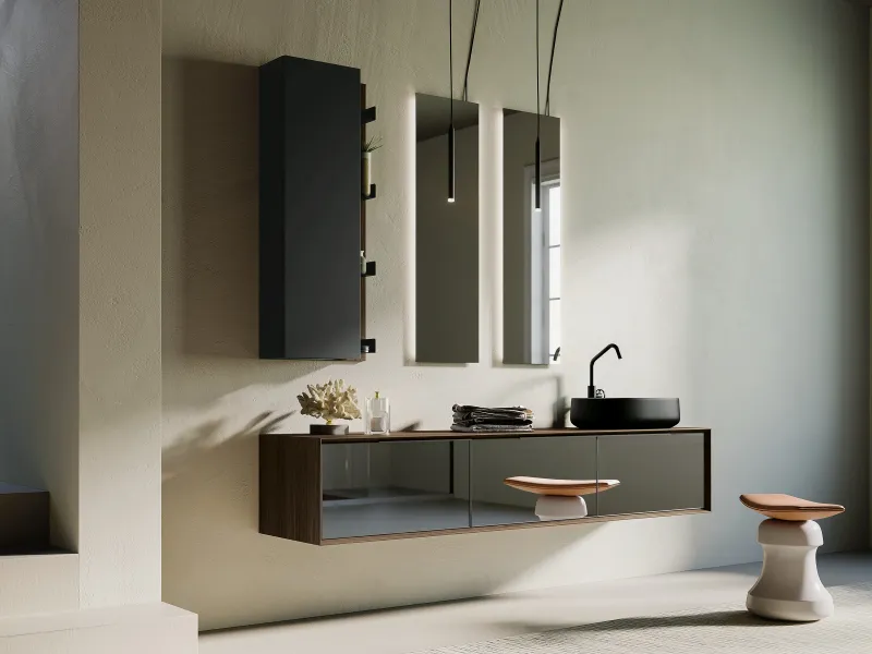 Waschtisch EDGE-MODULA 01 in dunklem Holzdekor mit schwarzem ovalem Auflagebecken und olivgrauen Fronten