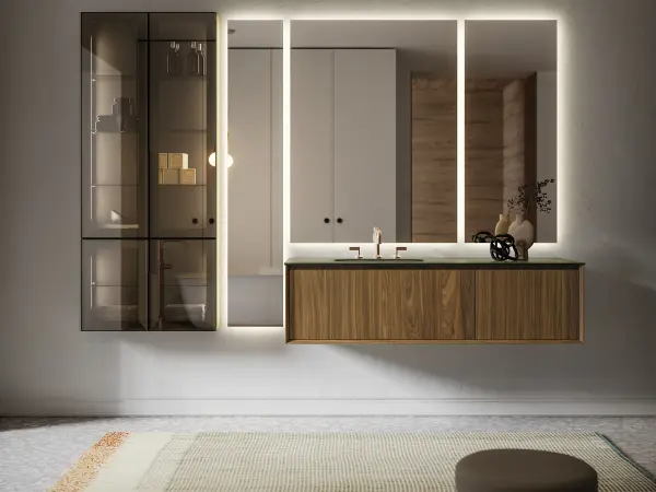 Waschtisch EDGE-MODULA 07/B mit olivgrüner Glasplatte und Echtholz-Fronten in warmem Nussbaum