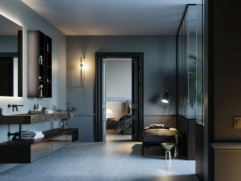 Waschtisch OLA 21-15 mit schwarzer Gress-Marmorplatte und flachem dunklem Unterschrank mit verspiegeltem Modul