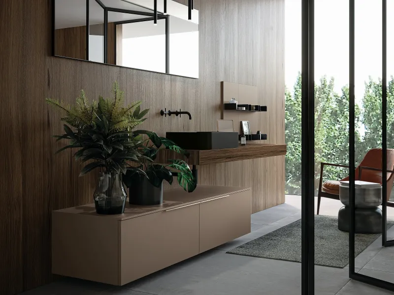 Waschtisch OLA 21-16 mit dunkler Holzplatte und schwarzem Auflagebecken auf flachem Unterschrank in Graubraun