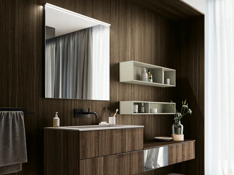 Waschtisch OLA 21-17 mit heller Gress-Platte in Betonoptik und dunklem Holzunterschrank in Eucalipto