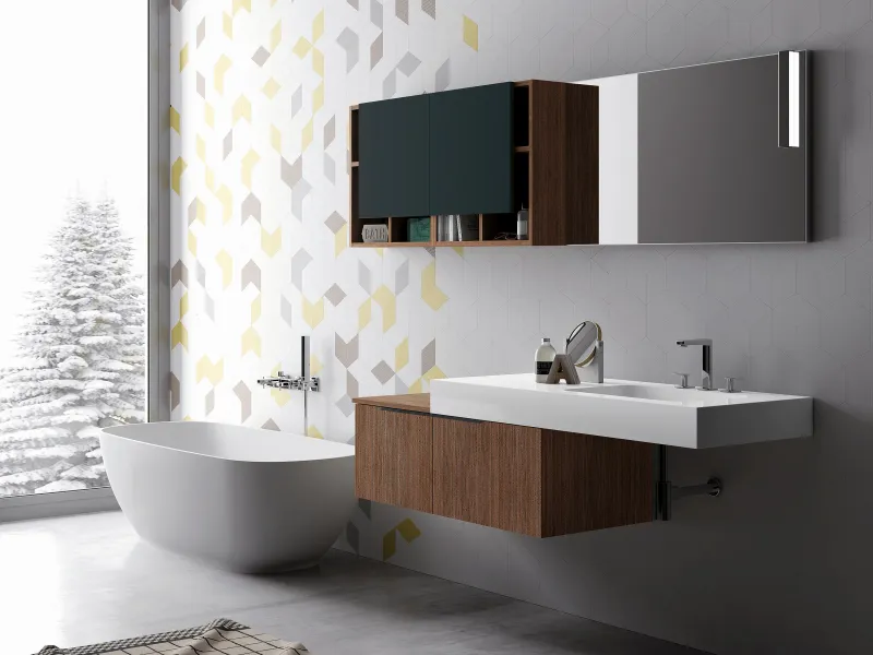 Waschtisch OLA NW-12/Y mit weißer Ocritech-Platte und dunklen Holzfronten neben blaugrünem Hochschrank