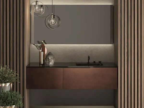 Waschtisch OLA NW2_01/B mit tiefschwarzer Glasplatte und kupferfarbenen Metallic-Fronten