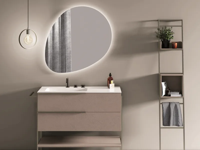 Bodenstehender Waschtisch OLA NW2_08 mit weißer Mineraltek-Platte und hellen Fronten auf Metallbeinen