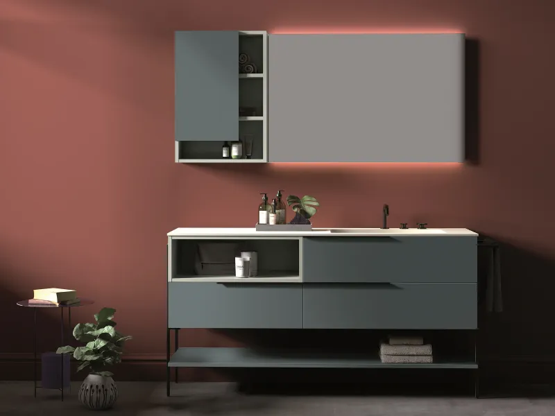 Waschtisch OLA NW2_13B mit heller Lava-Platte und Fronten in Blaugrau und Lichtgrau mit schwarzen Metalldetails